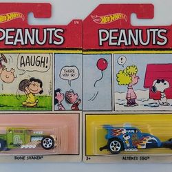 Hot Wheels Peanuts Cartoon Charlie Brown Snoopy Dog Cars Lot Of 2