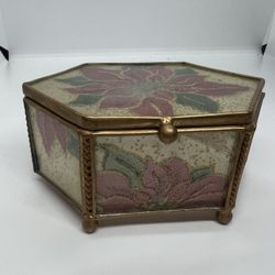 Vintage Christmas Poinsettia Hinged Triket Box 5 1/2”x 4” X 2  1/8” Gold Glitter