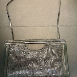 Whiting & Davis Vintage 70s Black Metal Mesh Patent Leather Crossbody Bag Purse
