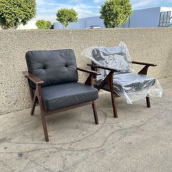 Accent Chairs Set of 2, Mid Century Modern Accent Chairs, Retro Wood and Leather Armchairs, Lounge Reading Comfy Arm Chair for Living Room, Bedroom, S