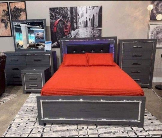 Casual Style Gray Queen Panel Bedroom Set With LED Headboard And With Storage Drawers 🌼Showroom Available 🏠