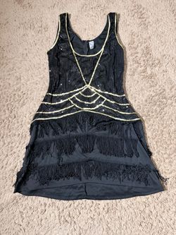 Adult Black Sequin Fringe Flapper Halloween costume Mini Dress