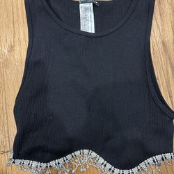 Black rhinestone fringe tank top size xs 