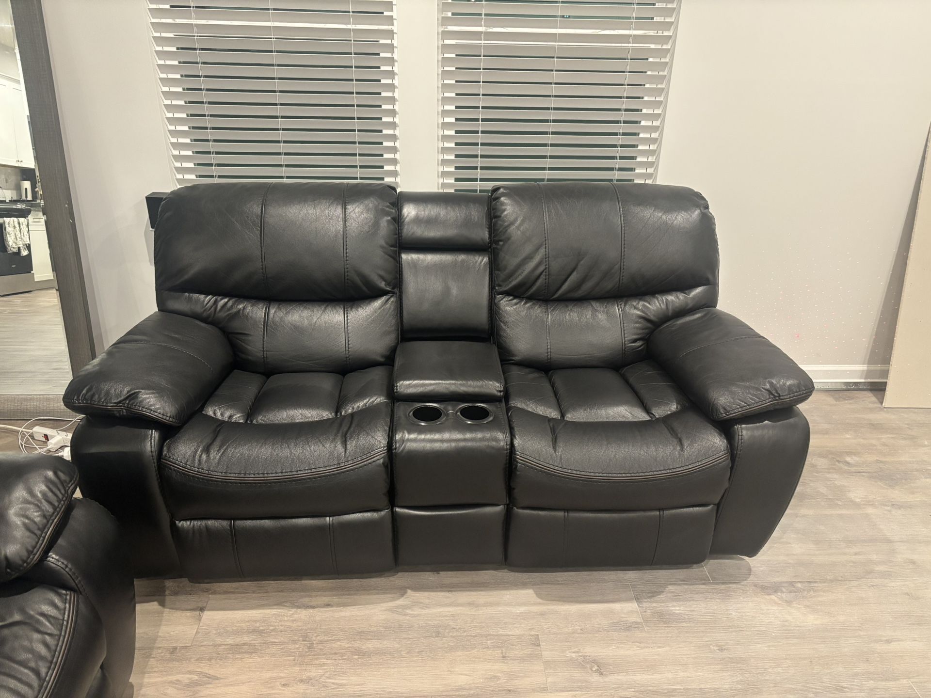 Black Leather Reclining Loveseat With Storage And Cupholders Great Condition