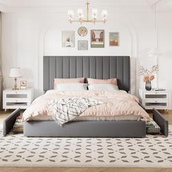 King Size Storage Bed Frame, Vertical Channel Tufted Adjustable Headboard, Velvet Upholstered Platform Bed with 4 Oversized Underbed Drawers, Wooden S