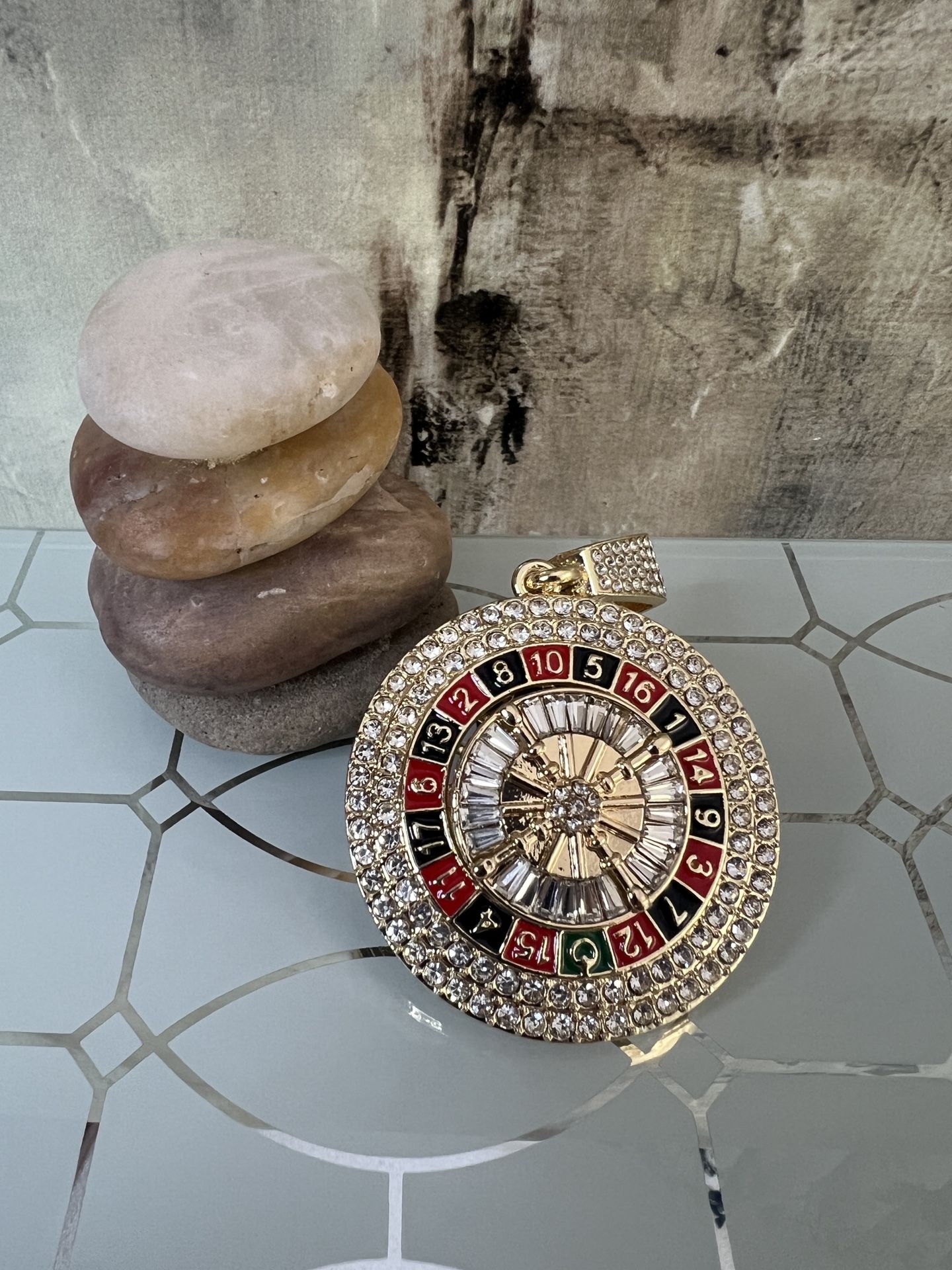 Roulette Wheel Medallion Pendant With Rhinestones 2.5”