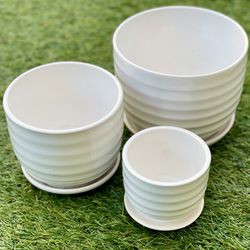 New Planting Pots Ceramic Glossy Off white, Nested Set Of 3