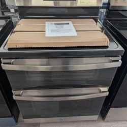 Open Box  Ge 30 In. 5 Burner Element Free Standing Double Oven Electric Range W/ Convection, Air Fry With 1 Year Warranty.
