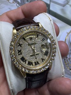 Rolex day date 36mm brown leather diamond crown buckle box papers buy sale trade