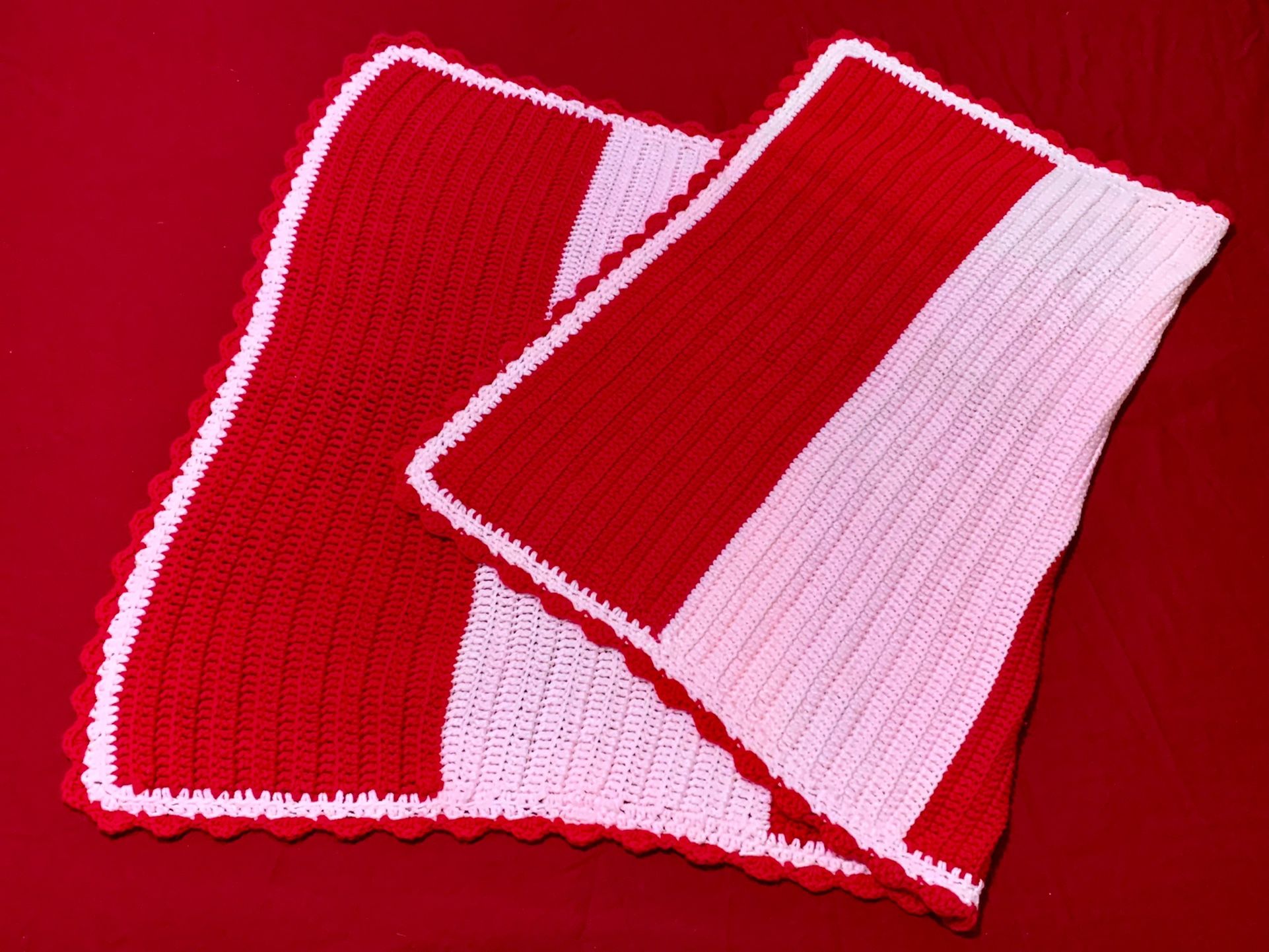 Hand Crocheted Red/Pinkish White Striped Afghan Throw Blanket 55”x 30” 