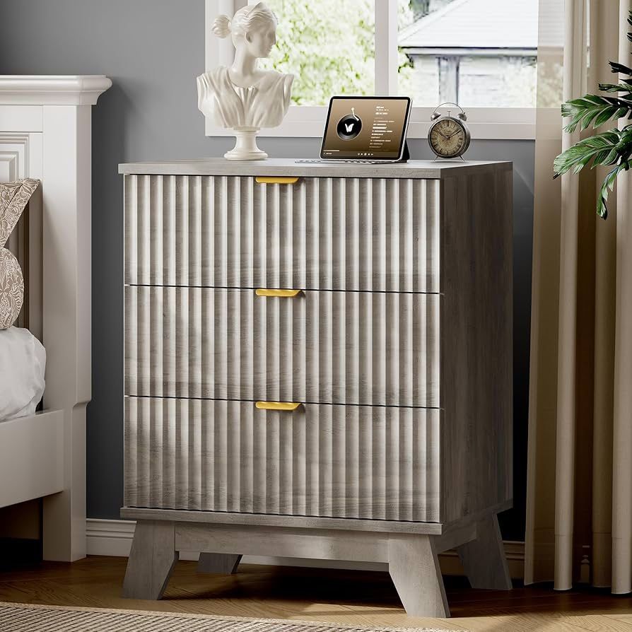 Fluted Nightstand with Charging Station, 24" Wide Bedside Table with 3 Large Storage Drawers, Modern Wood Side Table Night Stand, End Table Small Dres