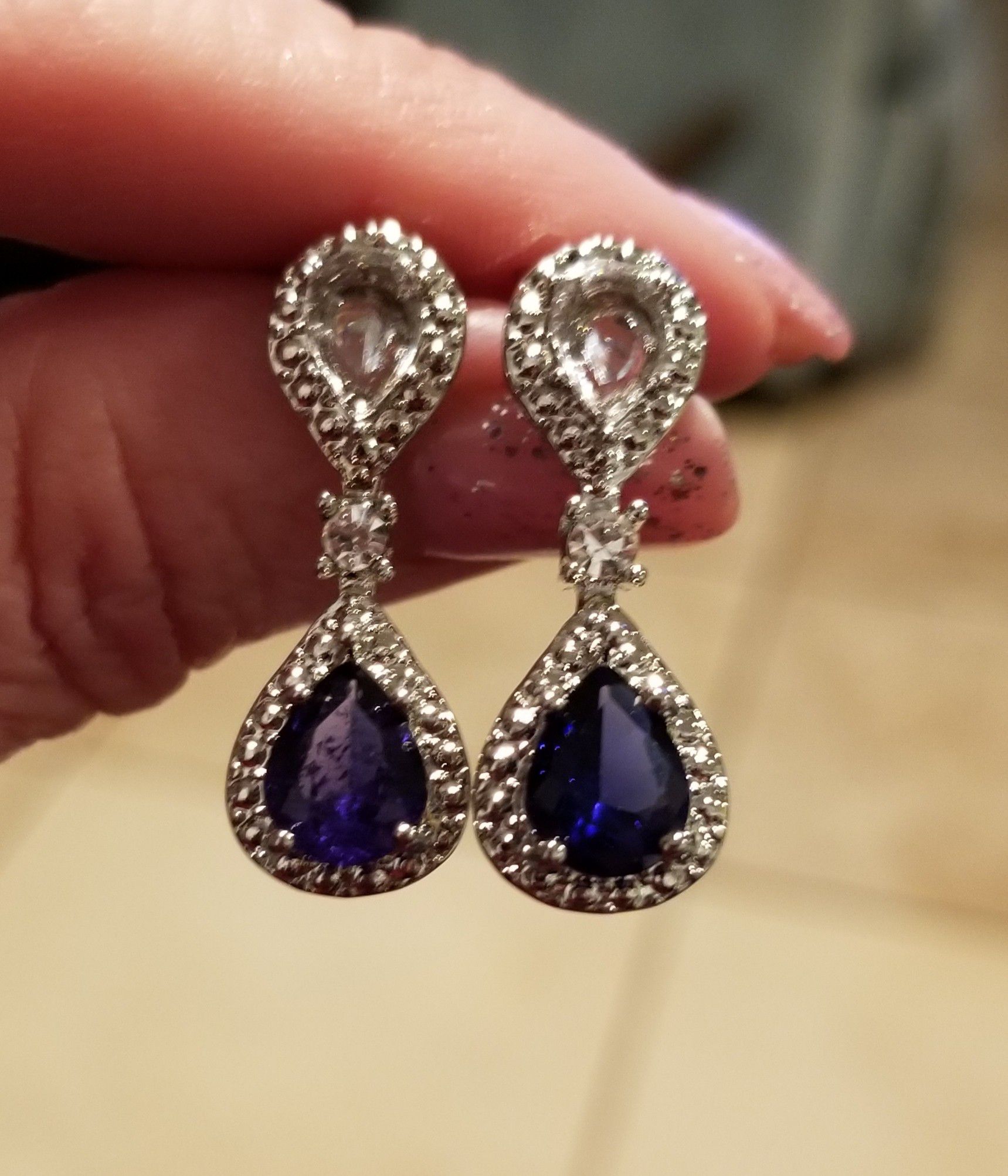 Blue and white sapphire dangle earrings