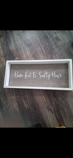 White Wood Beach Sign, Bare Feet & Salty Hair