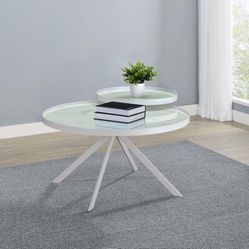 **Round Marble Printed Glass Top Coffee Table With Two Tiers In White Finish**