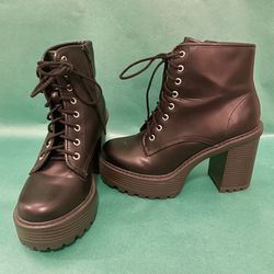 Black Heeled Platform Boots, Women's 10