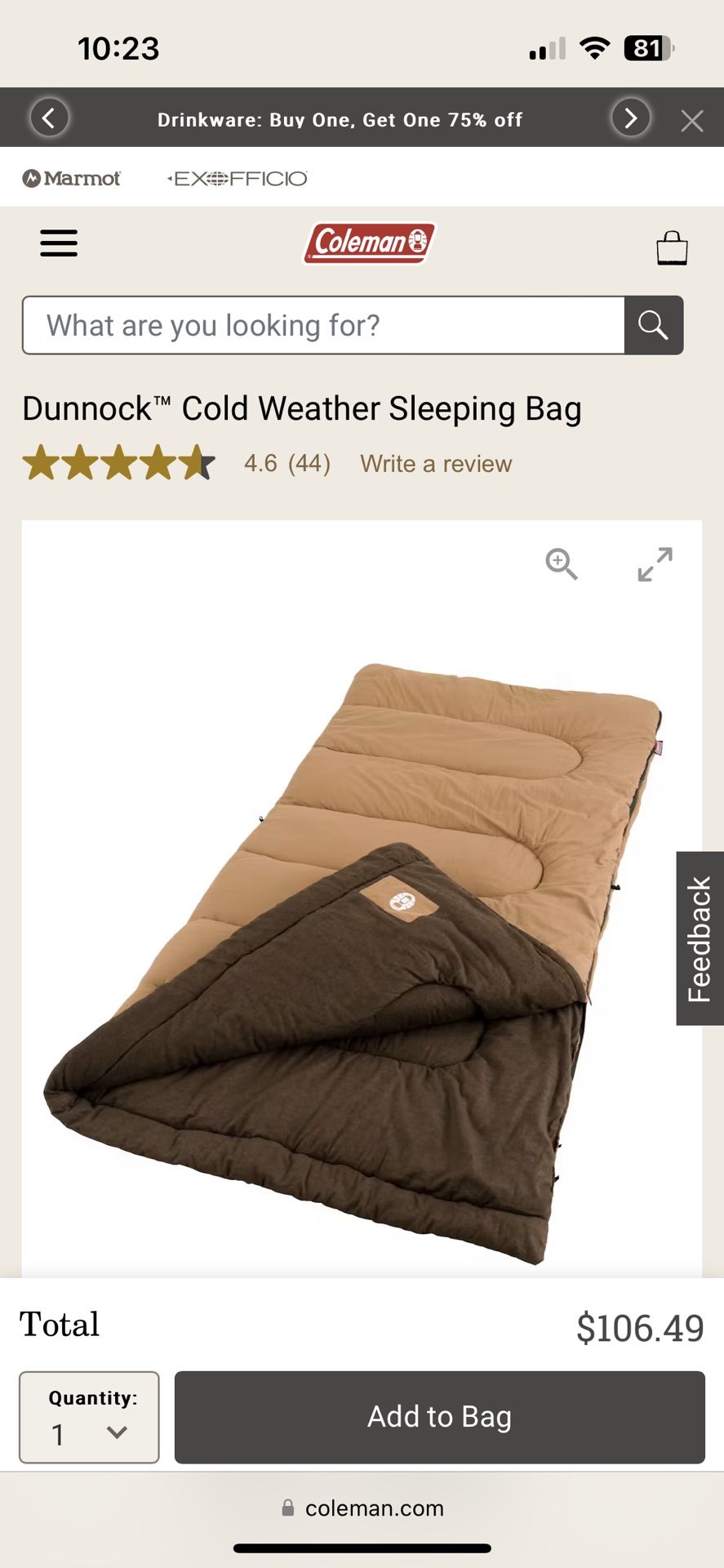 Never Used, Sealed, Coleman Dunnock sleeping Bag