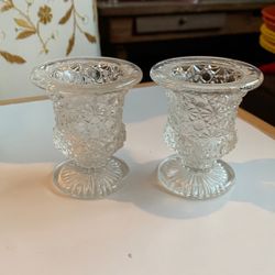Pair Of Vintage EAPG Toothpick Holder Urn Vase Clear Glass Daisy & Button 2.5”