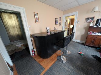 Portable bar with stools that go up and down and accessories