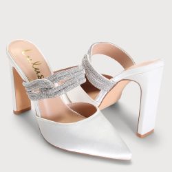 Celines White Satin Rhinestone Pointed-Toe Mule Pumps 7.5 but fits more like a 7