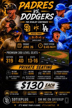 🔥 Friday Padres vs. Dodgers – PREMIUM Rail Seats! No One In Front or Behind You! 🔥