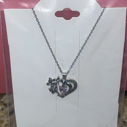 New Purple Heart & Butterflies Pretty Silver Necklace 