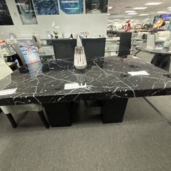 Faux Black & White Marble Dining Table + 4 FREE Black Velvet/Wood Dining Chairs