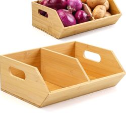 2 Set Bamboo Storage Bins, Pantry Organizers and Storage, Kitchen Countertop Organization and Storage Basket for Produce, Onions, Potatoes, Garlic, Fr