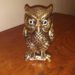 Gold Tone Owl With Blue Eyes