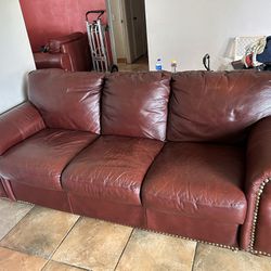 Red Leather (pleather) Couch Set Of 3 W/ Ottoman 