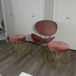 Pink Felt Chair And Matching Stools 