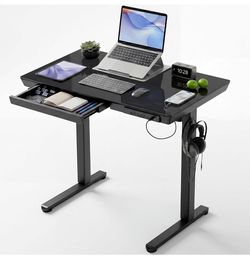 35" Small Glass Standing Desk with Drawers & USB Ports, Whole-Piece Glass Top Adjustable Height Desks, Quick-Install Electric Sit-Stand Up Desk for Ho