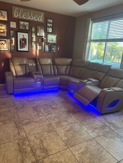 Brand New Caramel Leather Reclining Sectional Sofa with MASSAGERS LED Lights And Speakers
