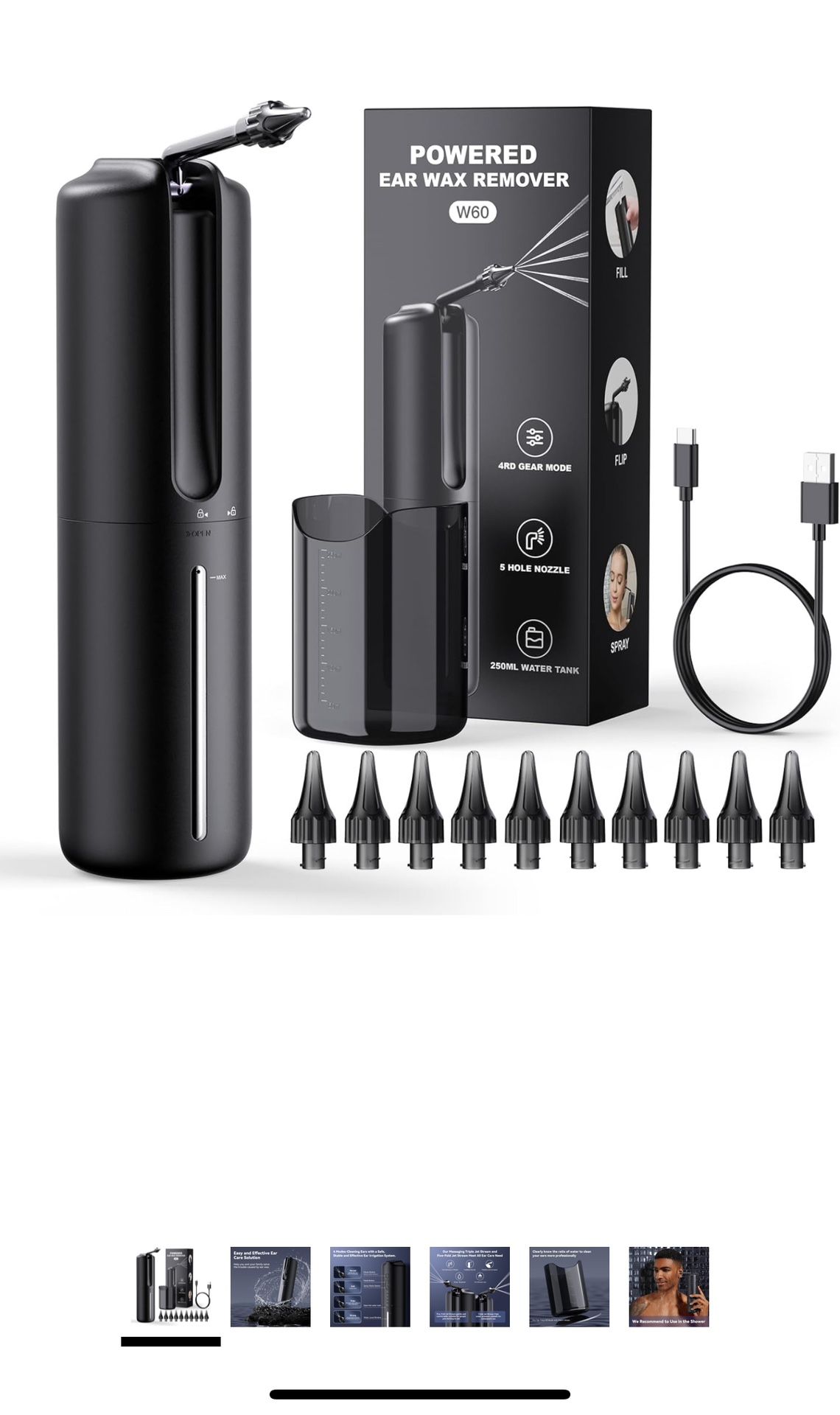 Water Powered Ear Cleaner Ear Wax Removal Kit Waterproof USB Rechargeable Safe & Effective Triple Jet Stream 5 Pressure Settings 4 Modes Ear Cleaning