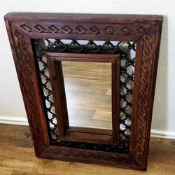 Solid Heavy Wood with Thick Metal Accents Framed Mirror 17in x 21in VERY HEAVY 