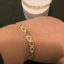  14K Gold Hearts Bangle Adjustable Bracelet with crystals from Swarovski in 14K Yellow Gold Plated