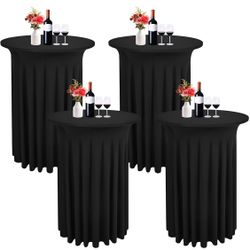 4 Pack Round Cocktail Table Skirts 32 x 43 Inch Black Spandex Cocktail Table Covers with Wavy Drapes Stretch Fitted Round High Top Tablecloths for Wed