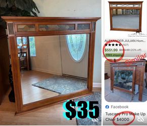 $35 Large beveled Edge Mirror Wooden and title Frame Tuscan/Rustic Style in great condition