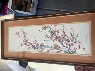 Vintage Transart Industries Asian Plum Blossom Panoramic Framed Art Print by Ho-Chu