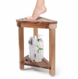 Teak Wood Corner Shower Stool with Storage Shelf