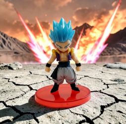 #5) Dragon Ball Z 2.5" Gotenks Fusion Super Saiyan God Blue Form Chibi-Style Figure With Base. The character in the image is Gotenks in his custom "Su