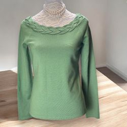 Ann Taylor Green Marino Wool Blend Sweater Women's M Braided Boat Neck Chic Flaw
