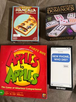 4 Board Games Lot – Mancala, Double 15 Dominoes, Apples to Apples & New Phone Who Dis?