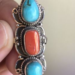 Turquoise Coral And Sterling Ring Size 7.25
