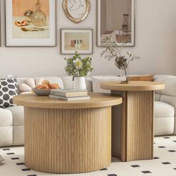 Farmhouse Set of 2 Nesting Coffee Tables,Round Coffee Table Set Saves Space Wood Finish Coffee Table