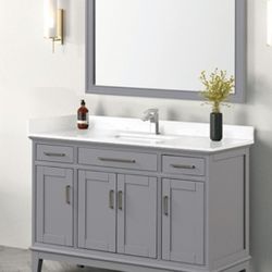Brand New Grey 48 Inch Bathroom Vanity w Stone Countertop + Sink + Mirror 