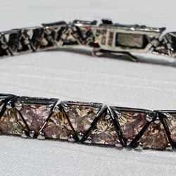 Vintage Tennis Bracelet 925 Sterling Silver Women’s Lt Champagne CZ 8” Estate
