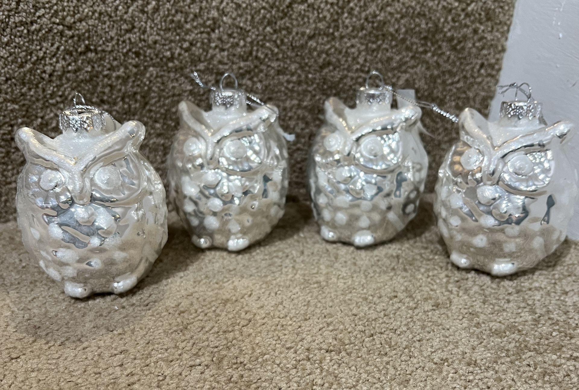 Blown Glass Silver Owl lot of 4 Christmas ornaments 3” tall