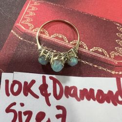 10K Solid Gold Wedding Ring INDIAN OPAL AND NATURAL DIAMONDS 💎 Size 7