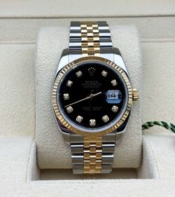 2005 Rolex Datejust 36mm 116233 black diamond dial two tone 18k yellow gold stainless steel super jubilee bracelet watch box tag appraisal
