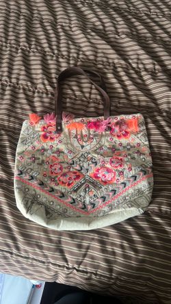 Like New Boho Embroidered Tote Bag in Beige with Neon Pink & Orange Accents